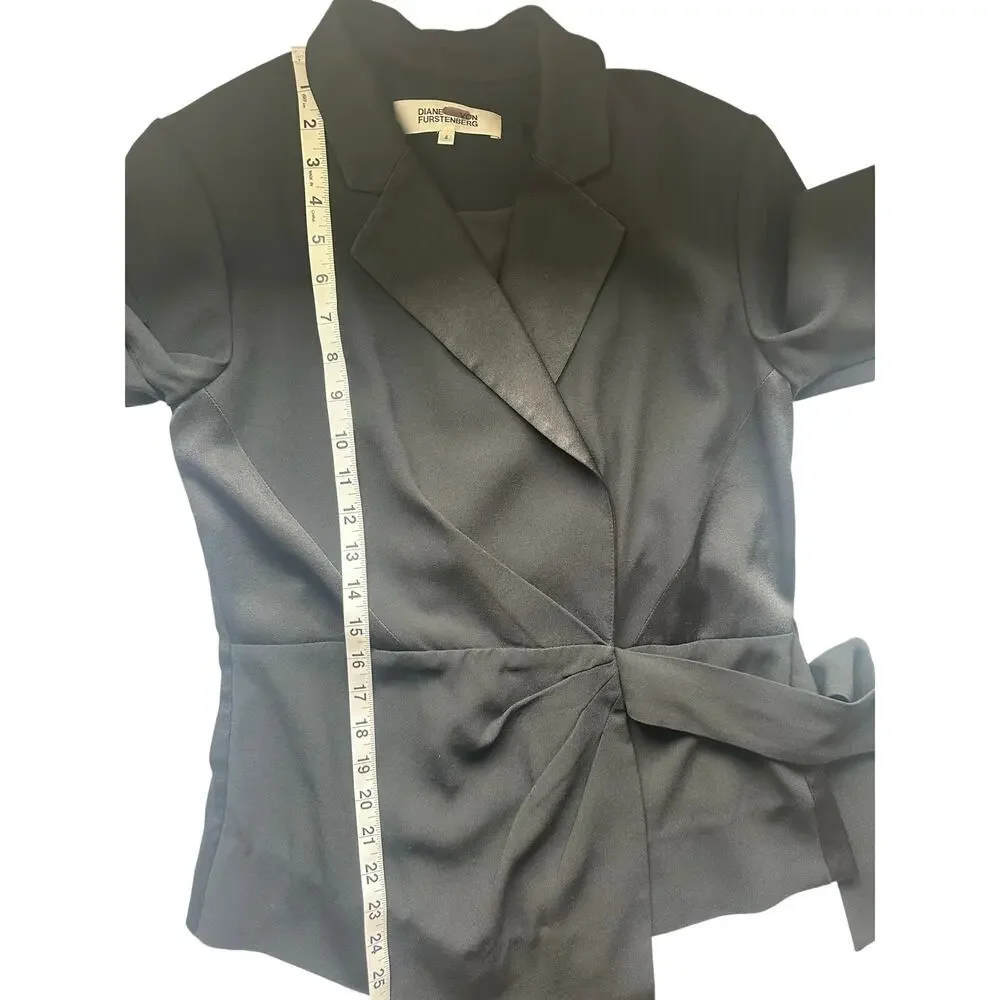 Diane von Furstenberg Lana Black Satin Trim Wrap Blazer Top Size 4
